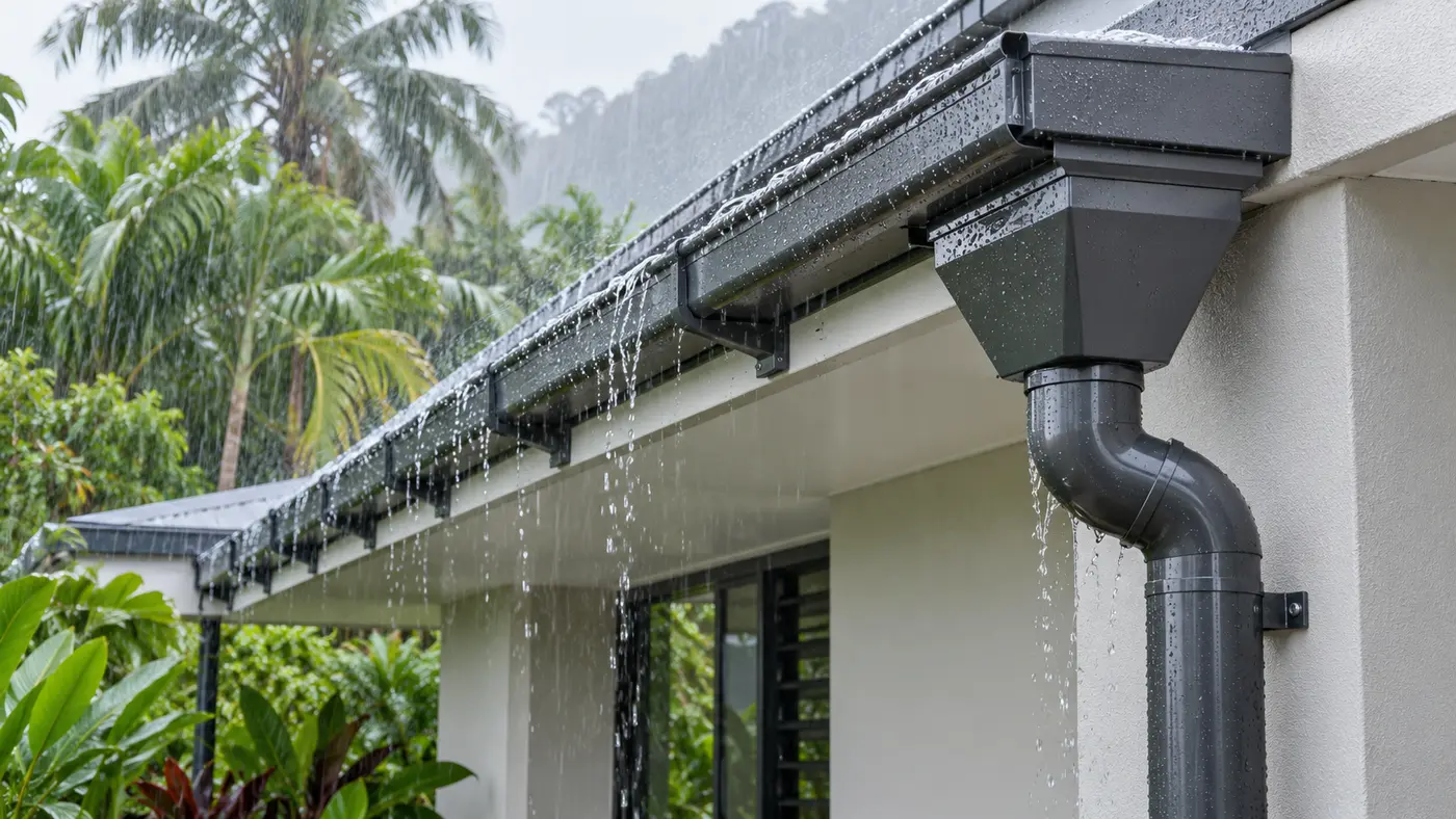 High-capacity guttering, rainhead and downpipe on a tropical Cairns home